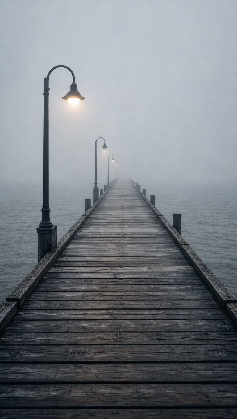 Vertical view down a wooden pier boardwalk with iron lamp posts disappearing into thick sea fog.
