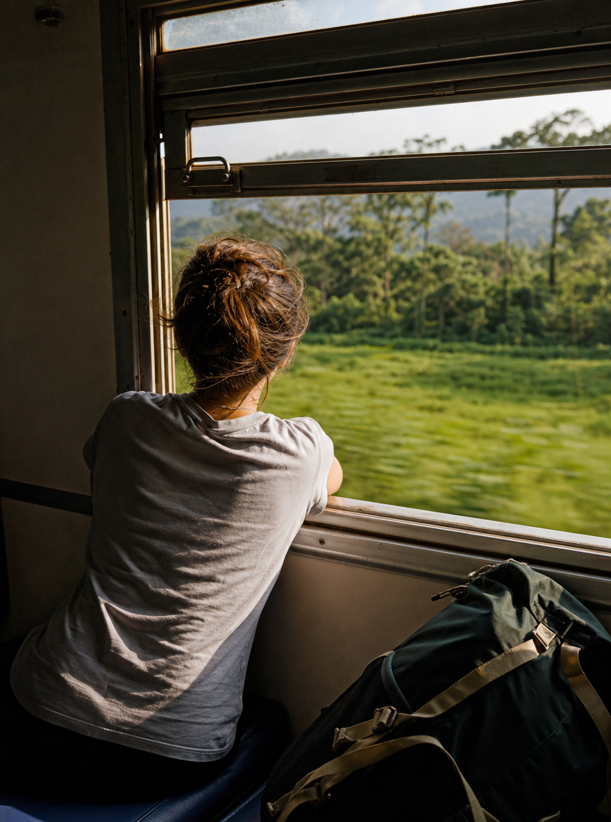 A backpacker seen from behind leaning at an open train window as green countryside rushes past, a rucksack on the berth, golden light.