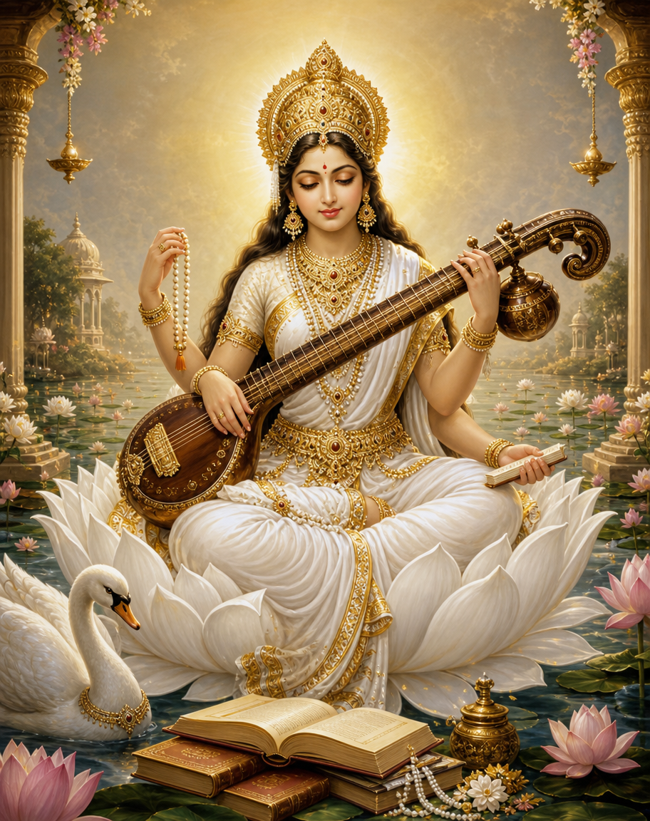 Devotional art of saraswati with veena, goddess saraswati in a white saree seated on a white lotus playing the veena, a swan beside her, books and a rosary, a serene pale-gold glow, lotus pond around.