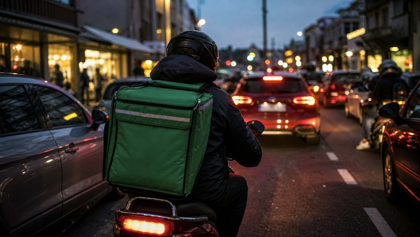 A delivery rider with an insulated backpack seen from behind on a scooter in slow evening traffic, brake lights ahead, shop lights either side.