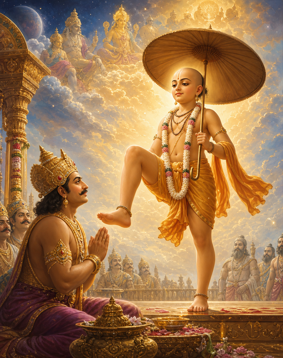Devotional art of vamana avatar of vishnu, vamana, the dwarf brahmin avatar of vishnu, holding an umbrella and a water pot before king bali, one foot raised as trivikrama about to span the worlds.