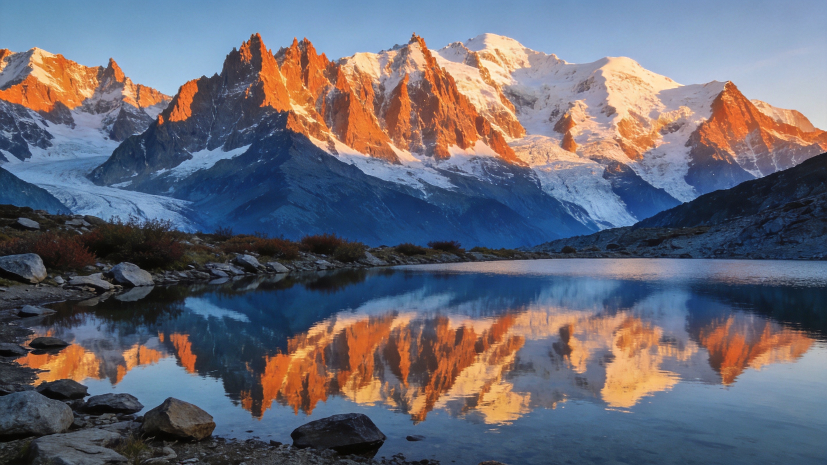 Snow-capped peaks lit orange at golden hour above a still glacial lake reflecting the range.