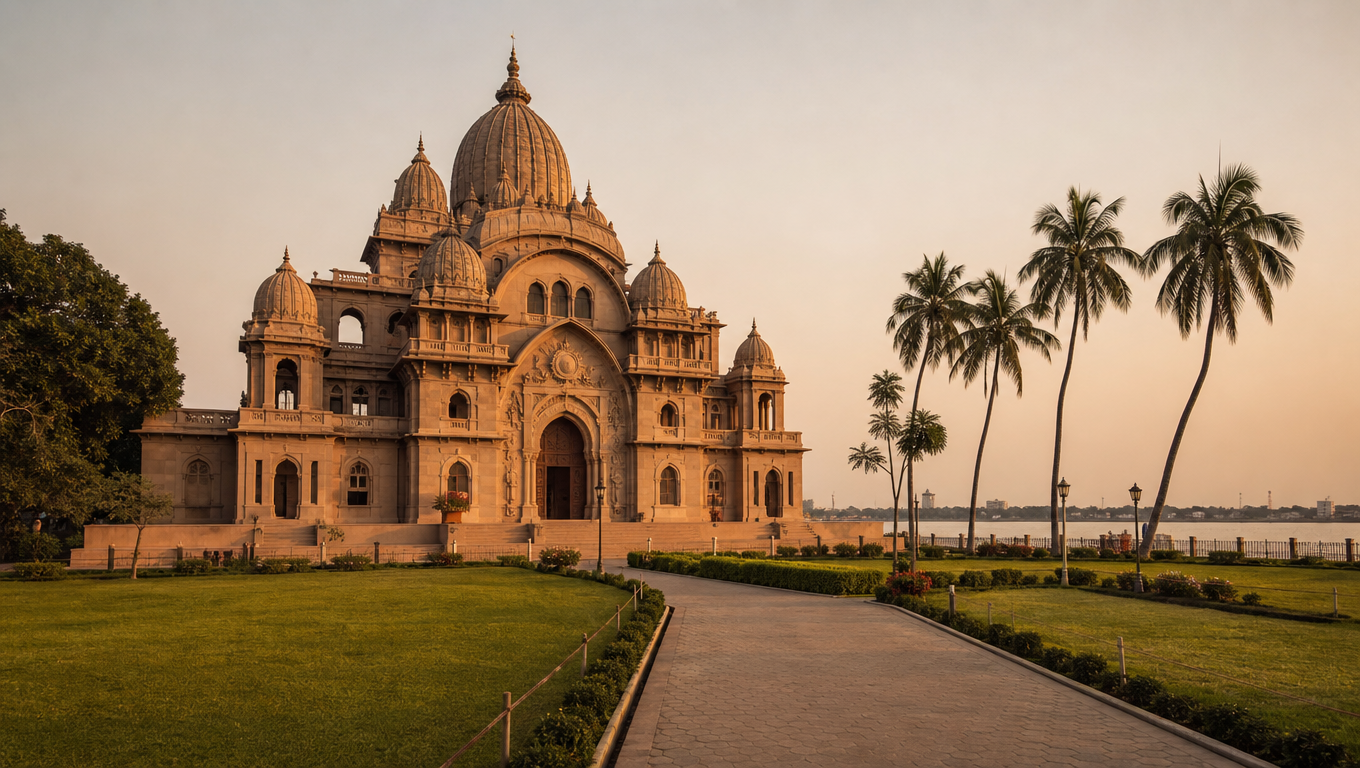 Belur Math's Ramakrishna Temple near Kolkata, an ochre-and-cream domed facade across wide lawns by the Hooghly.