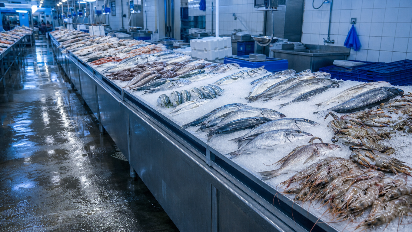 Stainless-steel fish market counters heaped with crushed ice, silver fish and prawns under cold fluorescent light.