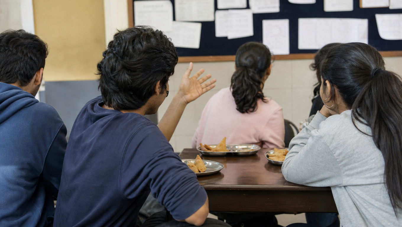 Students seen from behind around a canteen table with steel plates and samosas, one gesturing, a noticeboard of blank papers behind.