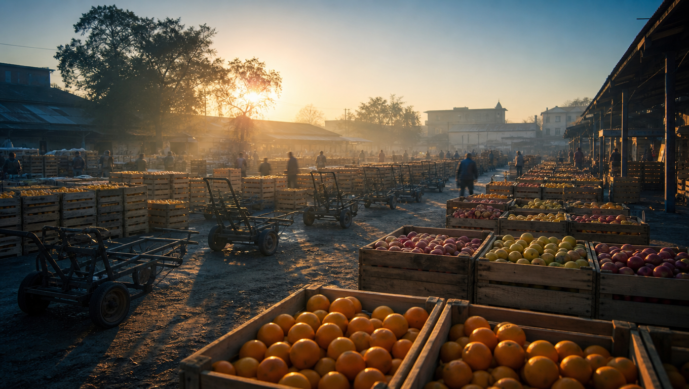 Rows of wooden fruit crates and handcarts in a wholesale market yard at first light.