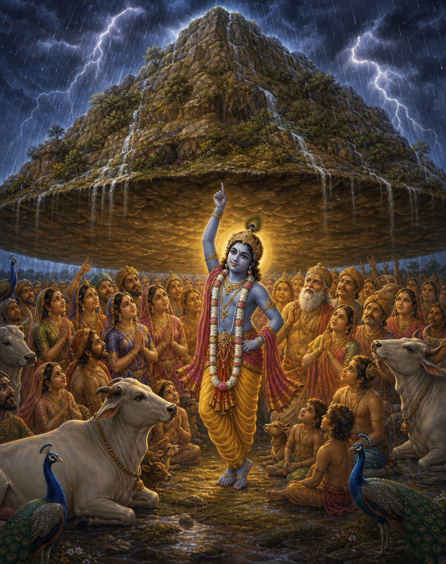 Devotional art of govardhan giridhari, krishna lifting govardhan hill on his little finger, the villagers of braj and their cattle sheltering beneath it from indra's rain, a stormy sky above and warm light under the hill.