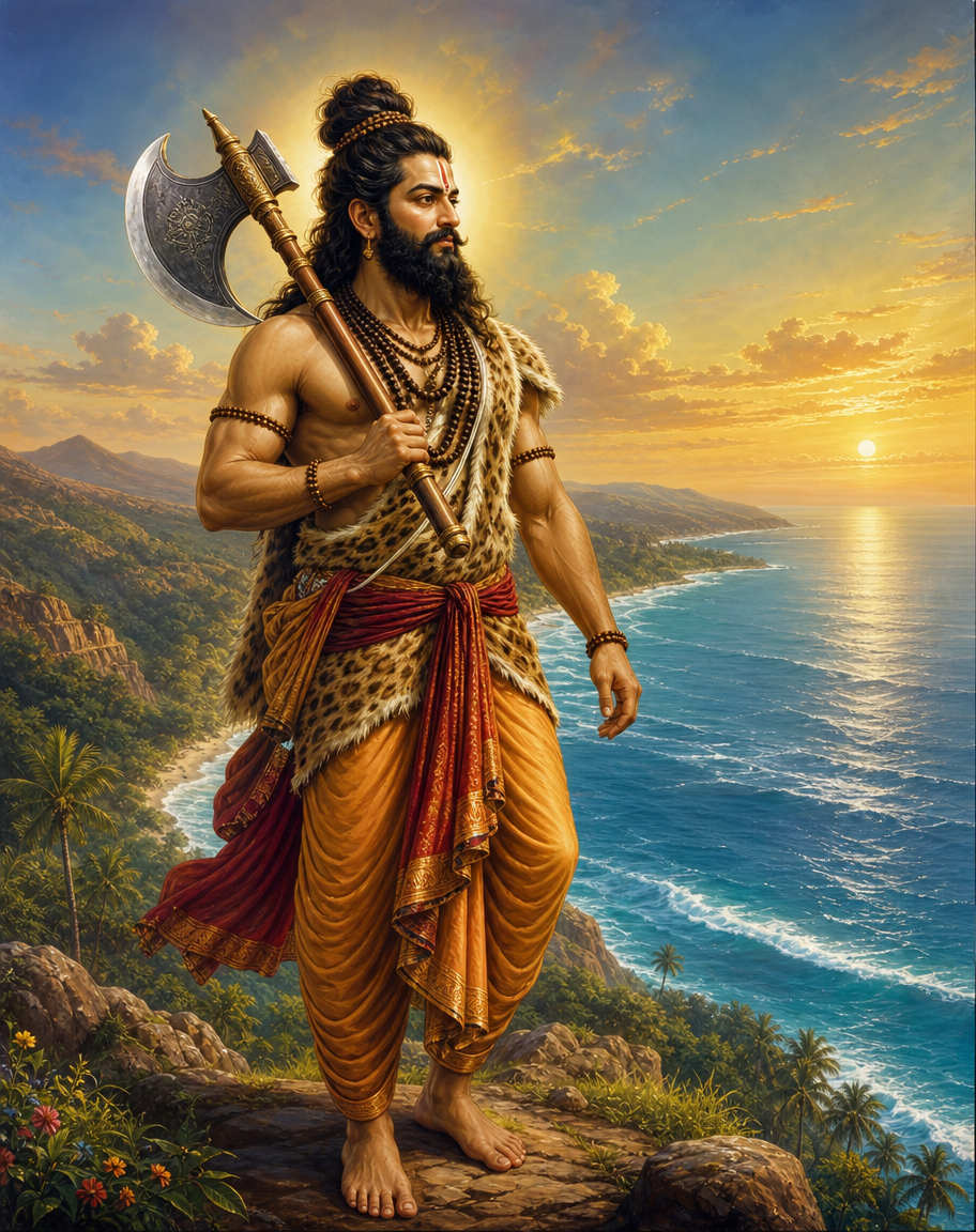 Devotional art of parashurama avatar of vishnu, parashurama, the warrior-sage avatar of vishnu, with an axe over his shoulder, matted hair and a sacred thread, standing on a coastal cliff with the sea he reclaimed behind.