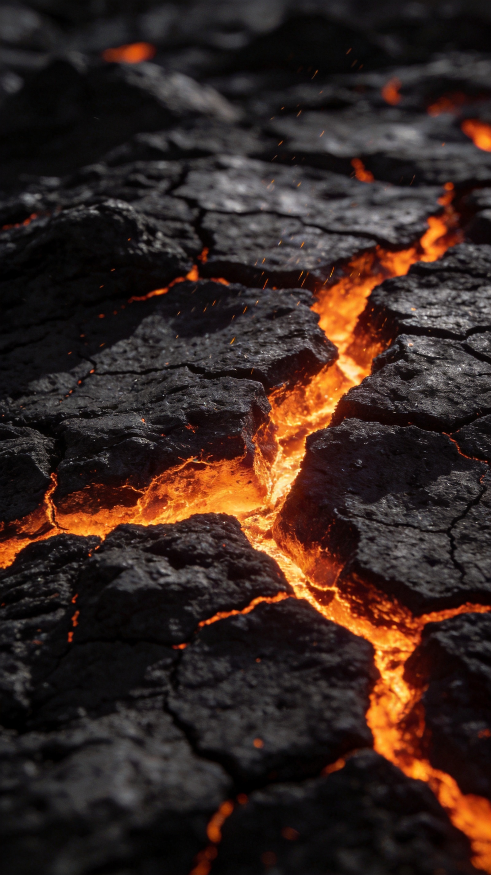 Cooled black volcanic crust cracked into fissures with molten orange light glowing up through them.