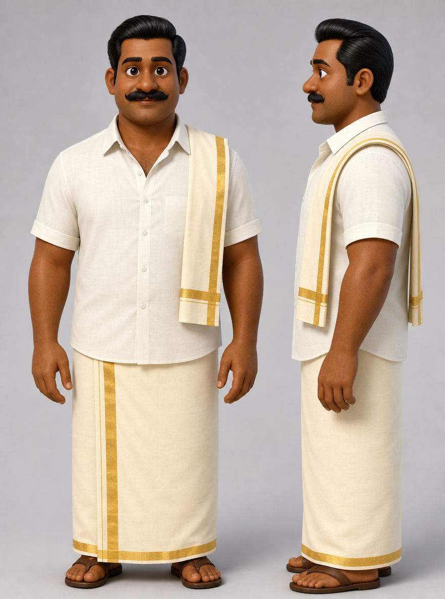 3d pixar-style character reference sheet of Dev Pillai, an Indian man in a cream silk veshti, front view and profile.