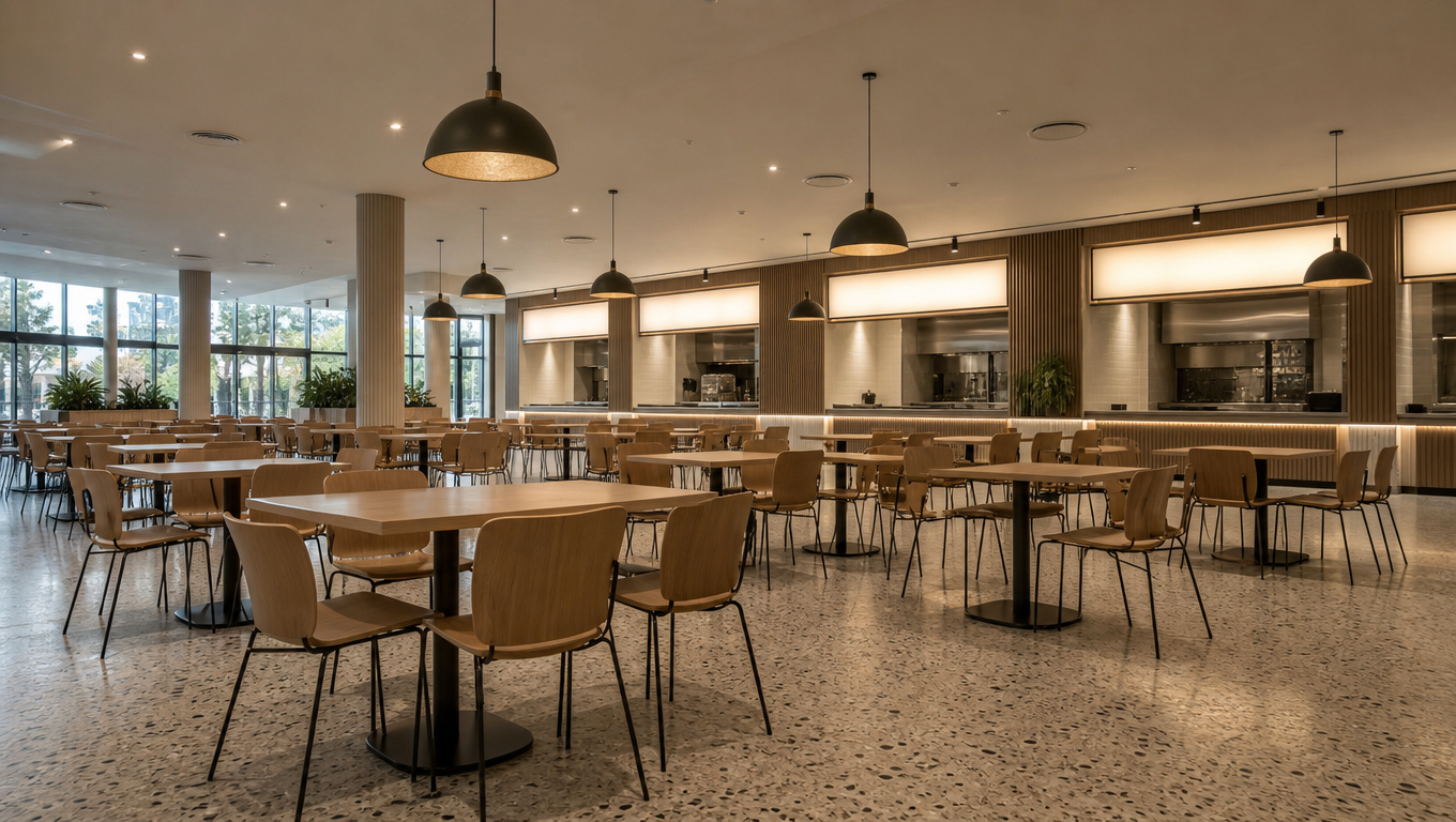Empty shopping centre food court with rows of tables, pendant lights and blank illuminated counters.