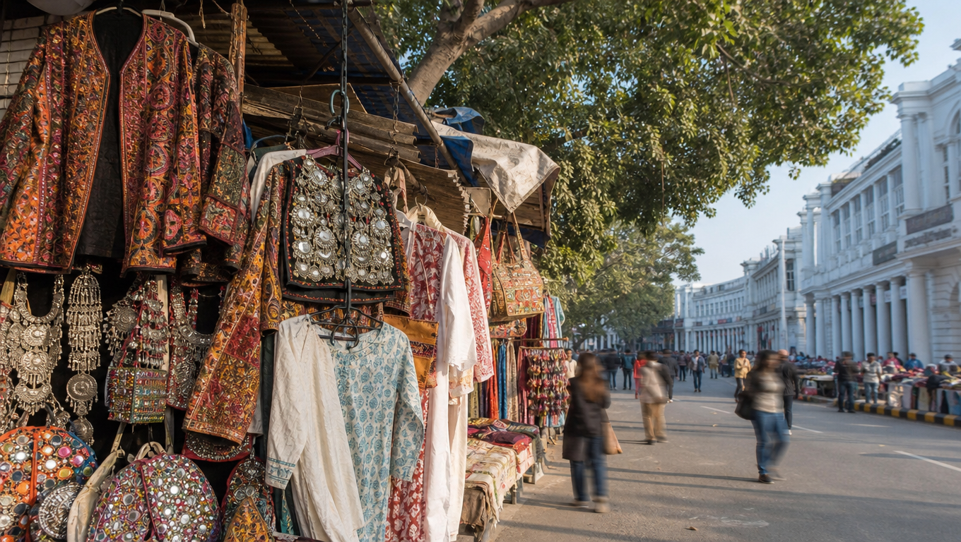 Janpath Market stalls in New Delhi with embroidered jackets and bags, Connaught Place colonnades down the road.