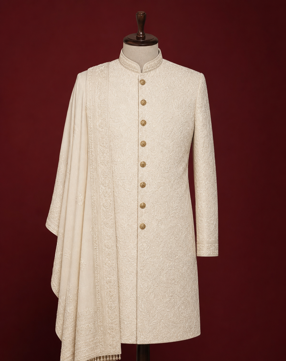 Ivory men's sherwani with threadwork, gold buttons and a stole on a headless dress form against deep maroon.