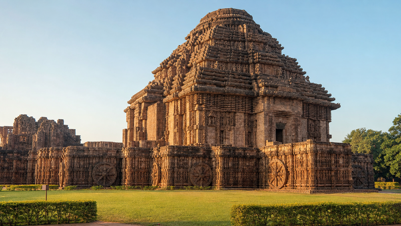 Konark Sun Temple in Odisha, the stone chariot hall with carved wheels along its base in morning light.