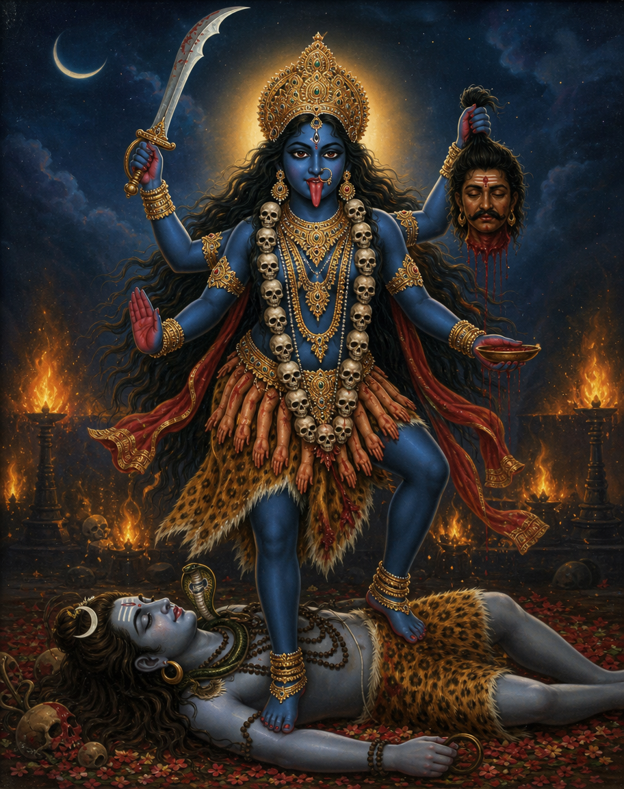 Devotional art of kali fierce mother, goddess kali, dark-blue skinned with a garland of skulls and a red tongue, four arms holding a sword and a severed head, standing on a reclining shiva, a night backdrop with flames, fierce but serene eyes.