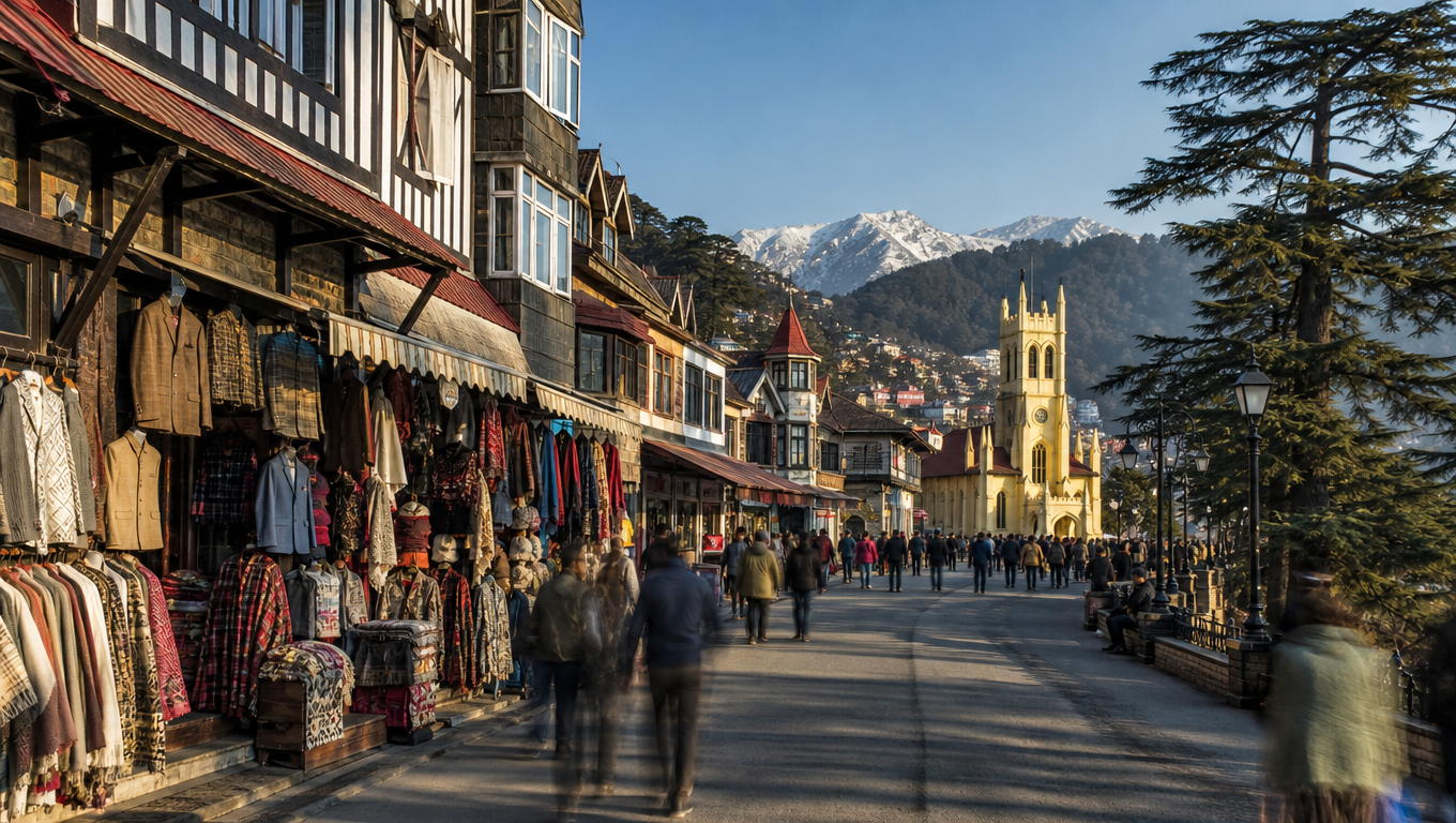 Mall Road in Shimla with woollens hung outside colonial shop fronts, Christ Church ahead and Himalayan peaks beyond.