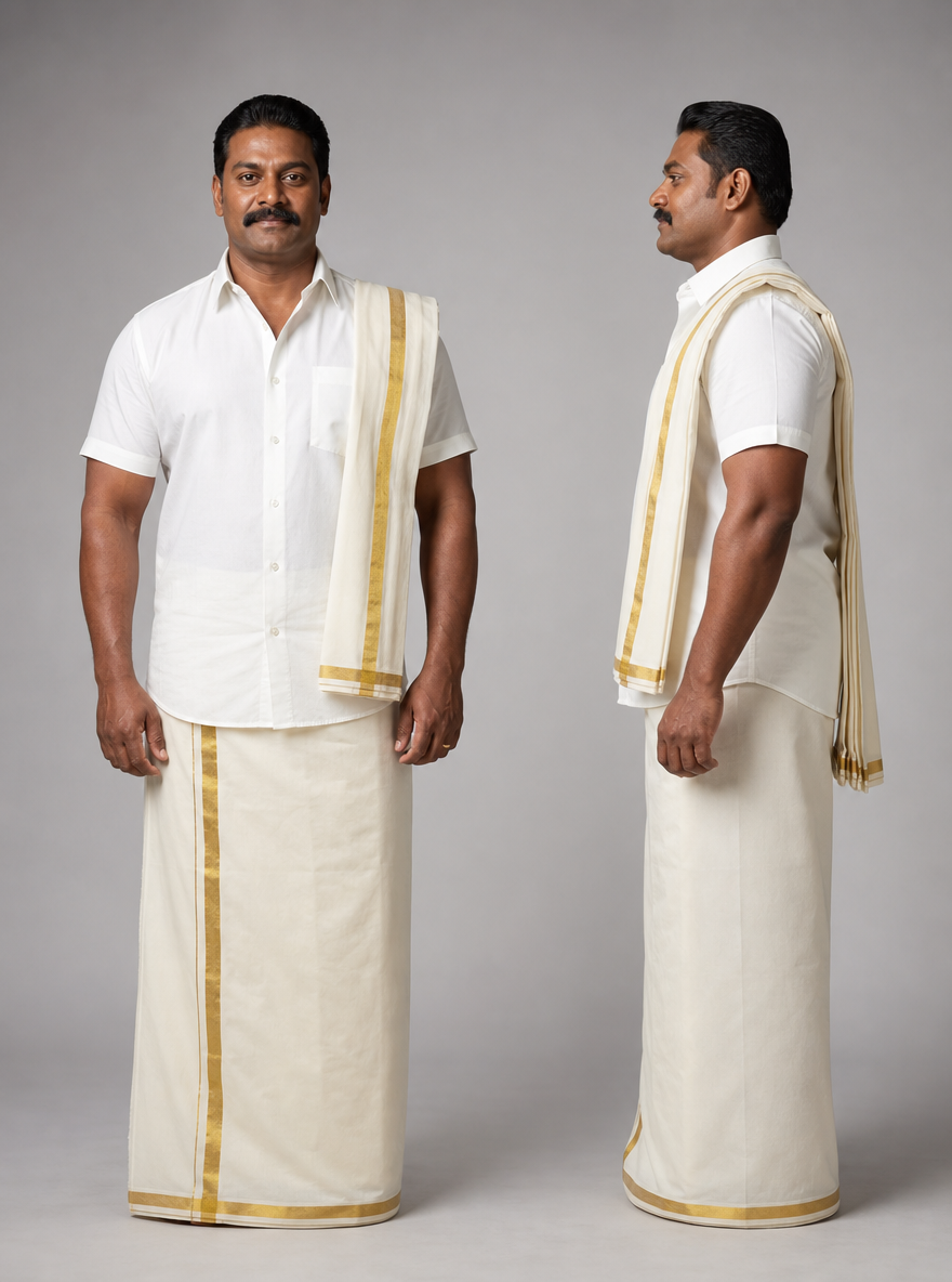 Photorealistic character reference sheet of Dev Pillai, an Indian man in a cream silk veshti, front view and profile.