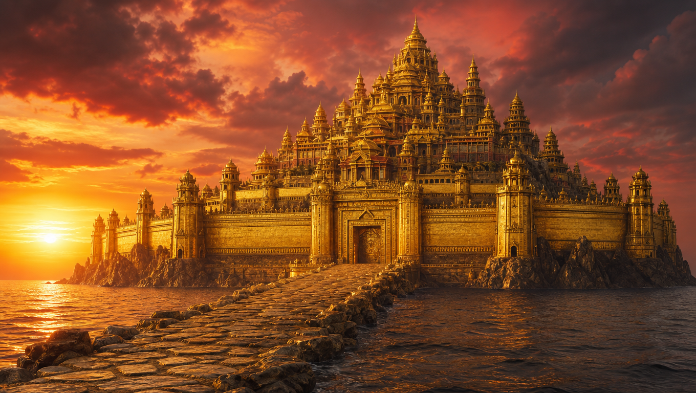 Imagined Sone ki Lanka, a fortified golden island city with tiered gilded palaces behind ramparts at sunset.