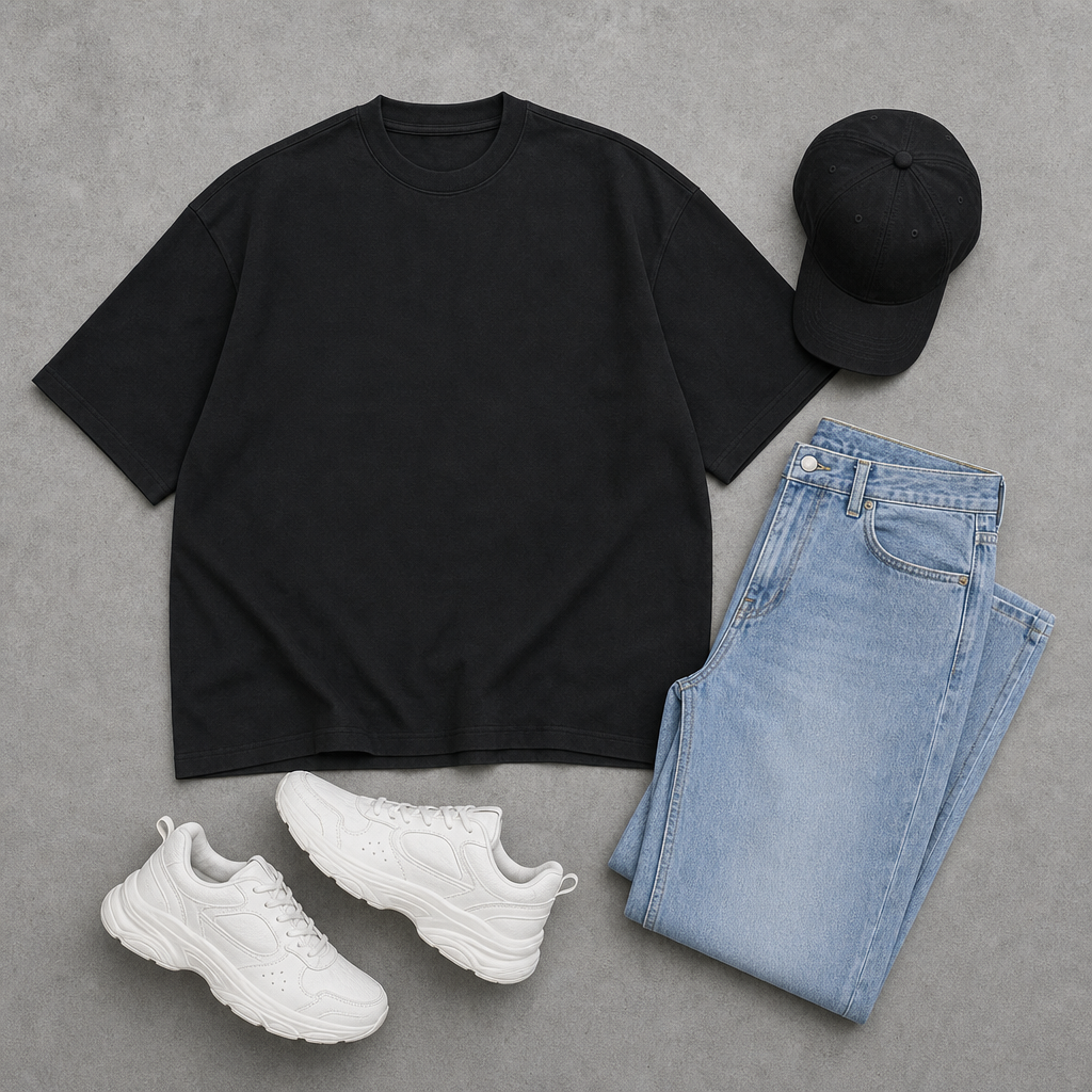 Flat lay of a men's streetwear set: black oversized t-shirt, blue jeans, white sneakers and a black cap on grey.