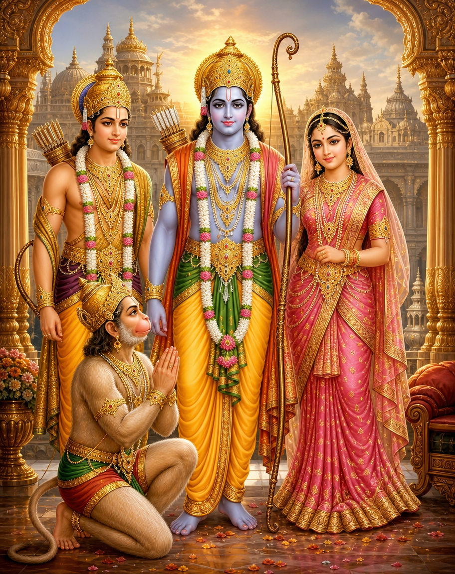 Devotional art of rama avatar of vishnu, rama, the prince avatar of vishnu, standing with his bow kodanda, sita beside him, lakshmana and a kneeling hanuman, a royal ayodhya backdrop, a serene noble expression.