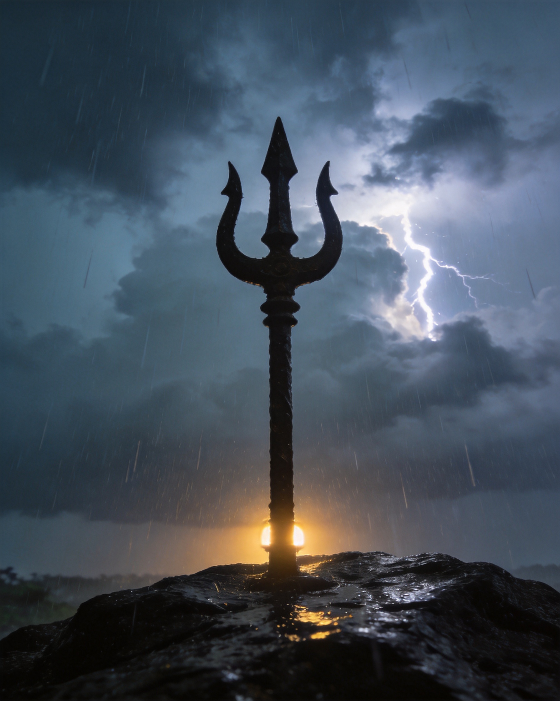 Iron trishul silhouetted on wet rock against a monsoon storm cloud lit from within by lightning.