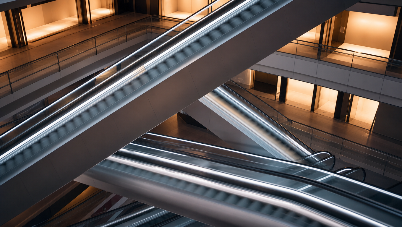 Criss-crossing escalators in an empty shopping mall lit by cool LED strips and warm storefront light.