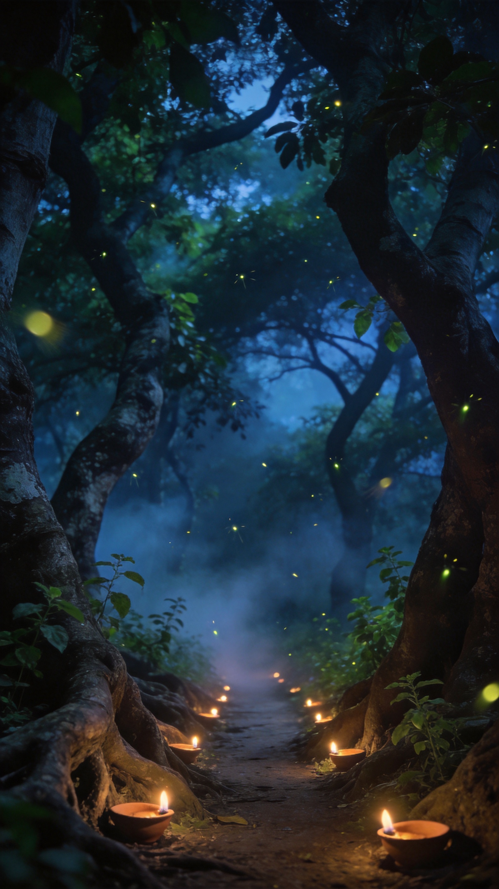 Dense grove at blue hour with twisting trunks, clay lamps along the roots and fireflies over a narrow path.