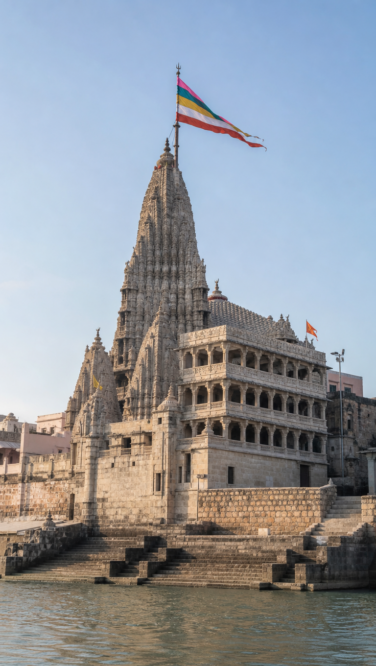 Vertical view of Dwarkadhish Temple in Dwarka, the tall carved shikhara and flag above the Gomti ghats.