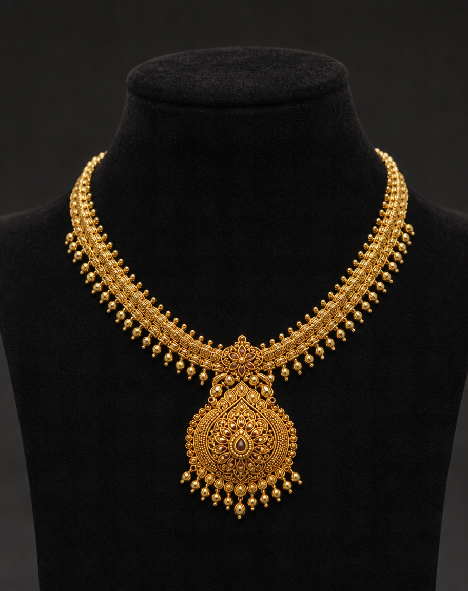 Traditional Indian gold fringe necklace with a central pendant on a headless black velvet jewellery bust.