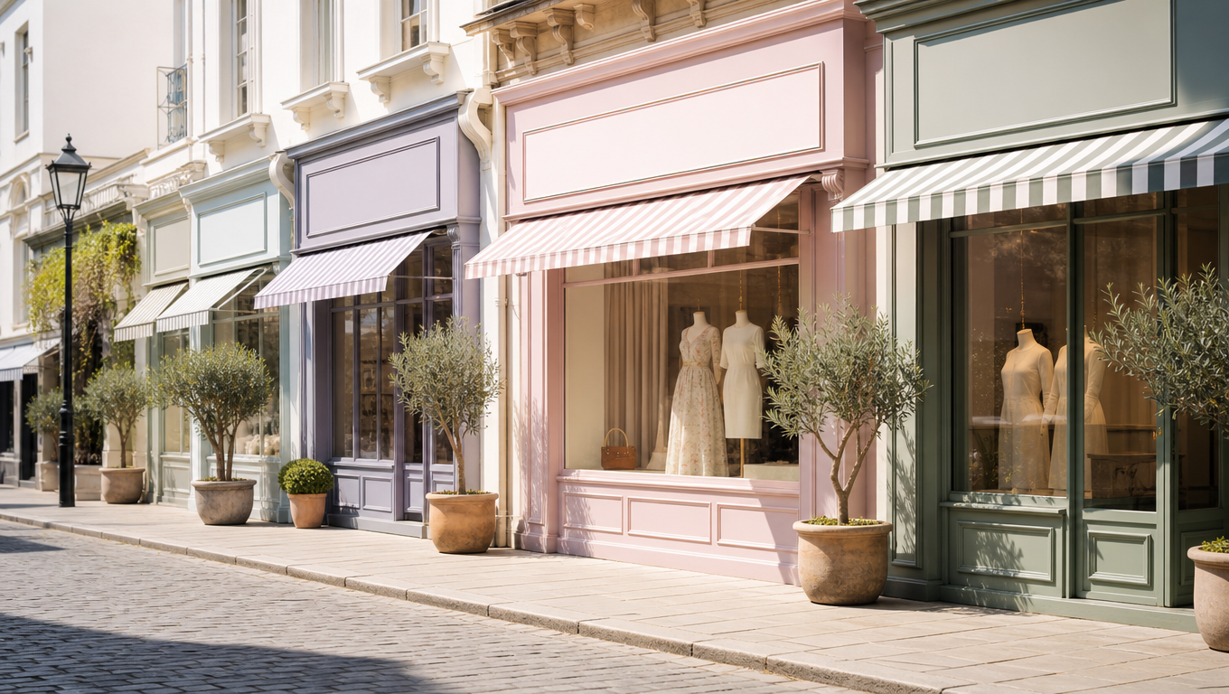 Row of pastel boutique shop fronts with striped awnings and blank fascias on an empty afternoon street.
