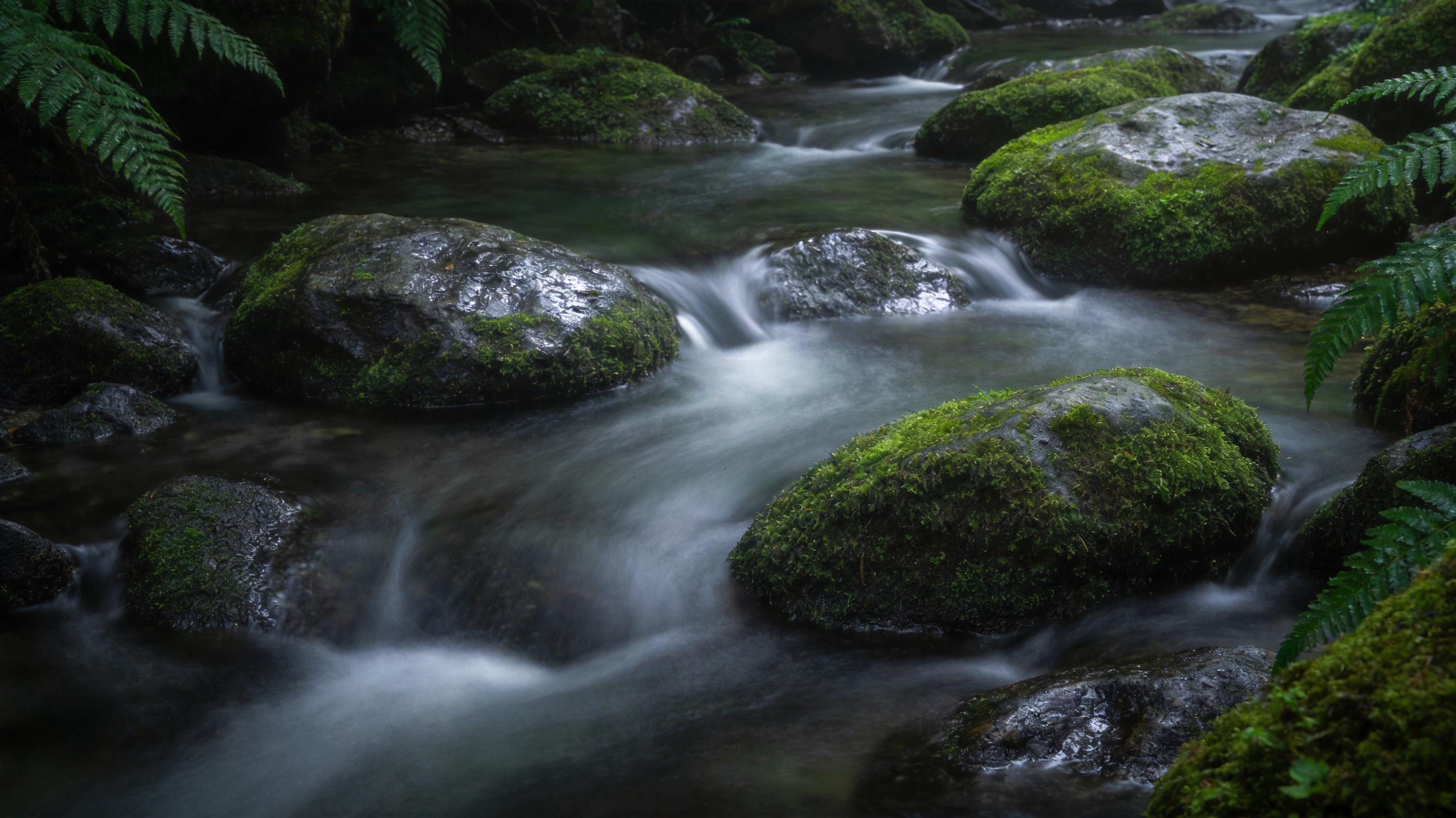 Silky long-exposure stream water sliding over rounded moss-covered stones in a shaded forest.