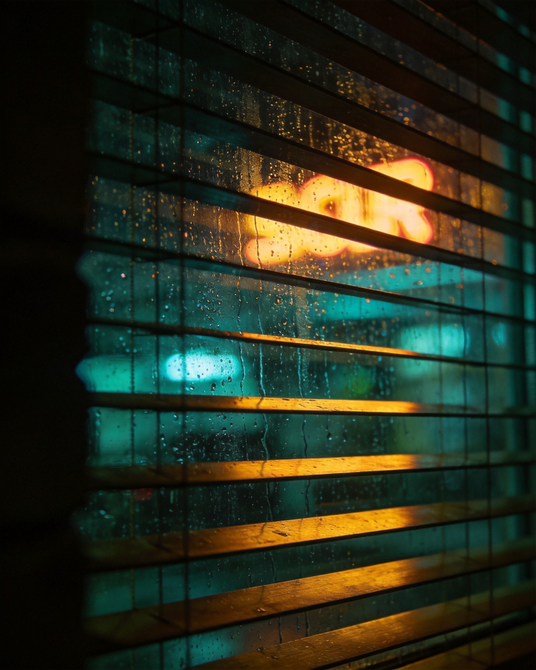 Rain-streaked night window with venetian blind shadows and a blurred neon glow smeared outside.