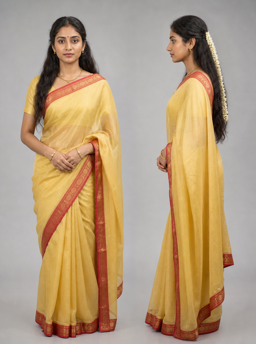 Photorealistic character reference sheet of Sita of Mithila, an Indian woman in a simple yellow silk saree, front view and profile.