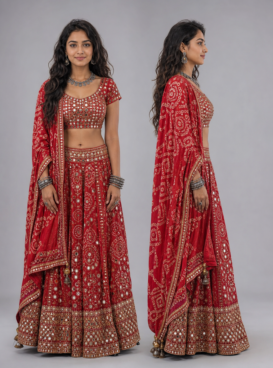 Photorealistic character reference sheet of Meera Rathore, an Indian woman in a mirror-work Rajasthani lehenga-choli in red and gold, front view and profile.