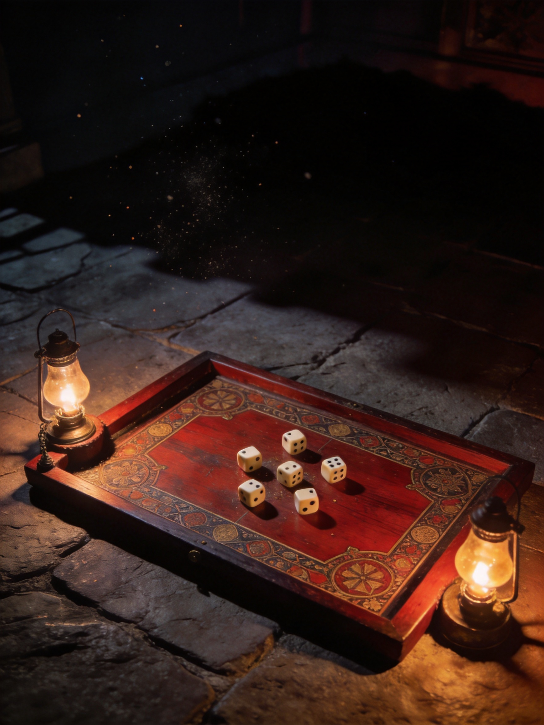 Inlaid gaming board on a stone floor at night with spilled ivory dice and two oil lamps burning at its edge.