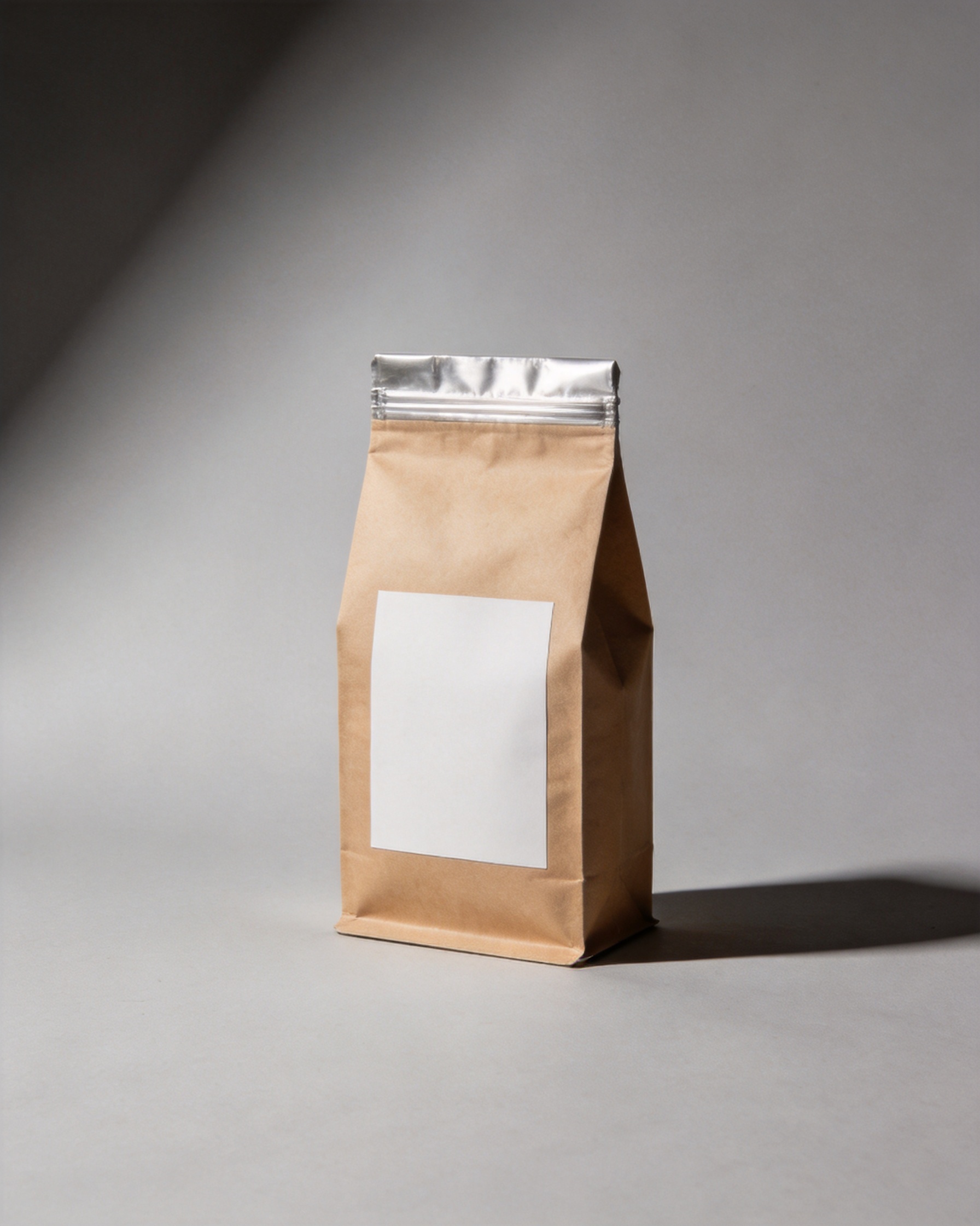 Unbranded matte kraft coffee pouch standing on a warm grey studio sweep with a soft contact shadow.
