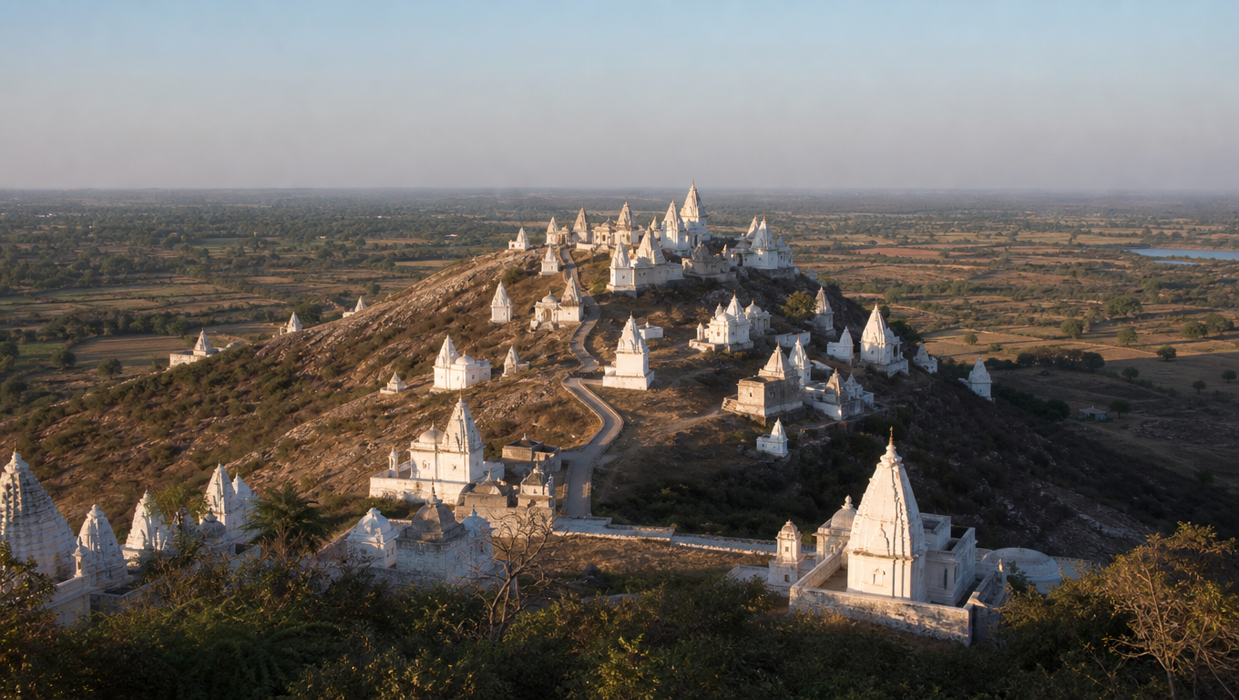 Dozens of white Jain temples with small shikharas scattered across the rocky hill at Sonagiri in Madhya Pradesh.