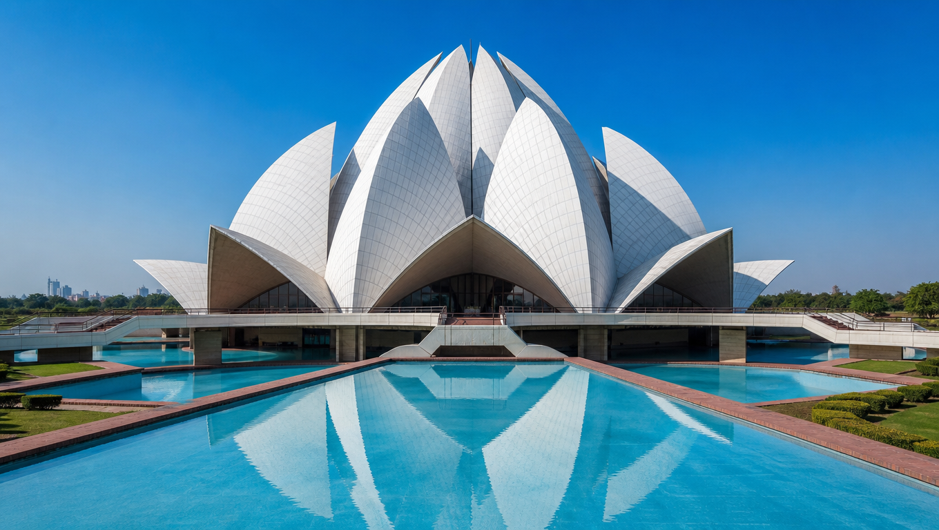 The white marble Lotus Temple in Delhi, its petal-shaped shells reflected in the surrounding pools.