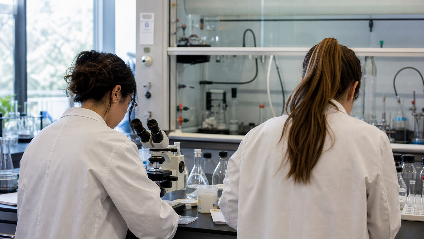 Two students seen from behind at a lab bench with glassware and a microscope, lab coats, a fume hood behind, cool light.