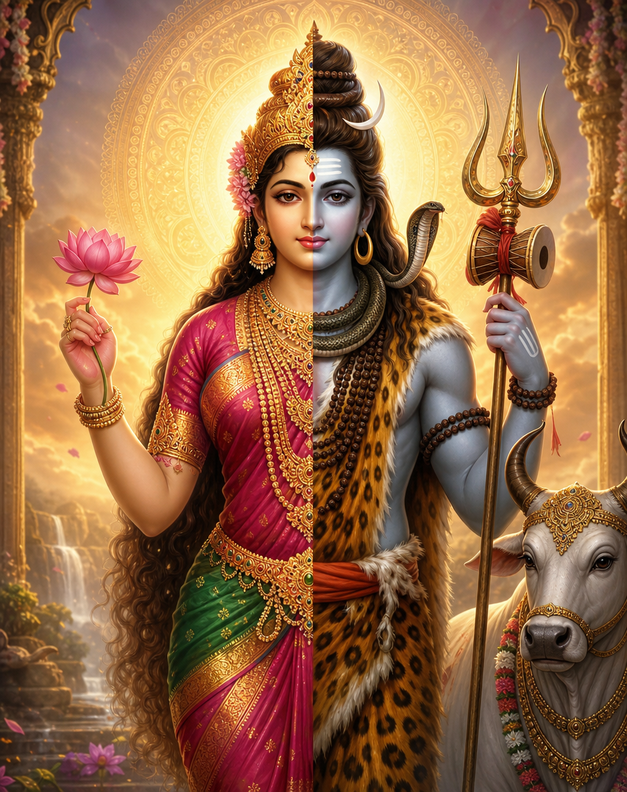 Devotional art of ardhanarishvara half shiva half parvati, ardhanarishvara, the deity shown as half shiva and half parvati split down the centre, the left half in parvati's silk and jewellery, the right half in shiva's tiger skin and rudraksha, nandi beside, a soft glowing backdrop.