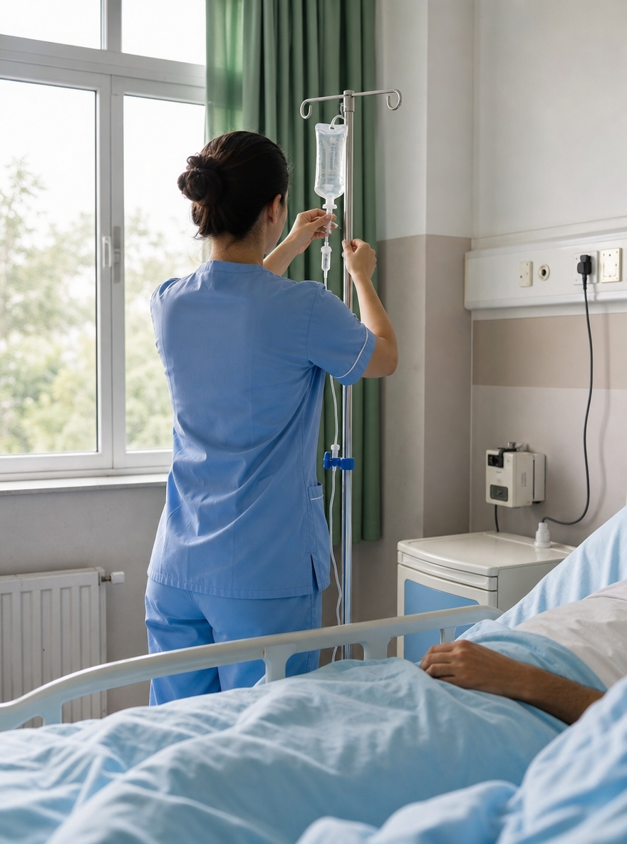 A nurse seen from behind adjusting an IV drip beside a patient bed, the patient's hand visible, a window with morning light, a clean ward.