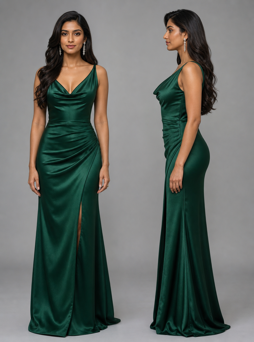 Photorealistic character reference sheet of Naina Kapoor, an Indian woman in an emerald satin evening gown, front view and profile.