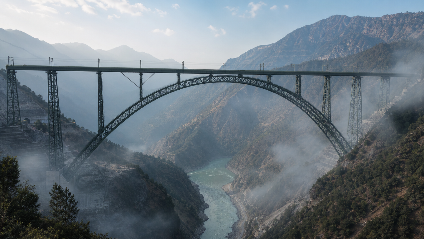 Chenab railway arch bridge spanning a deep Himalayan gorge with mist in the valley below.