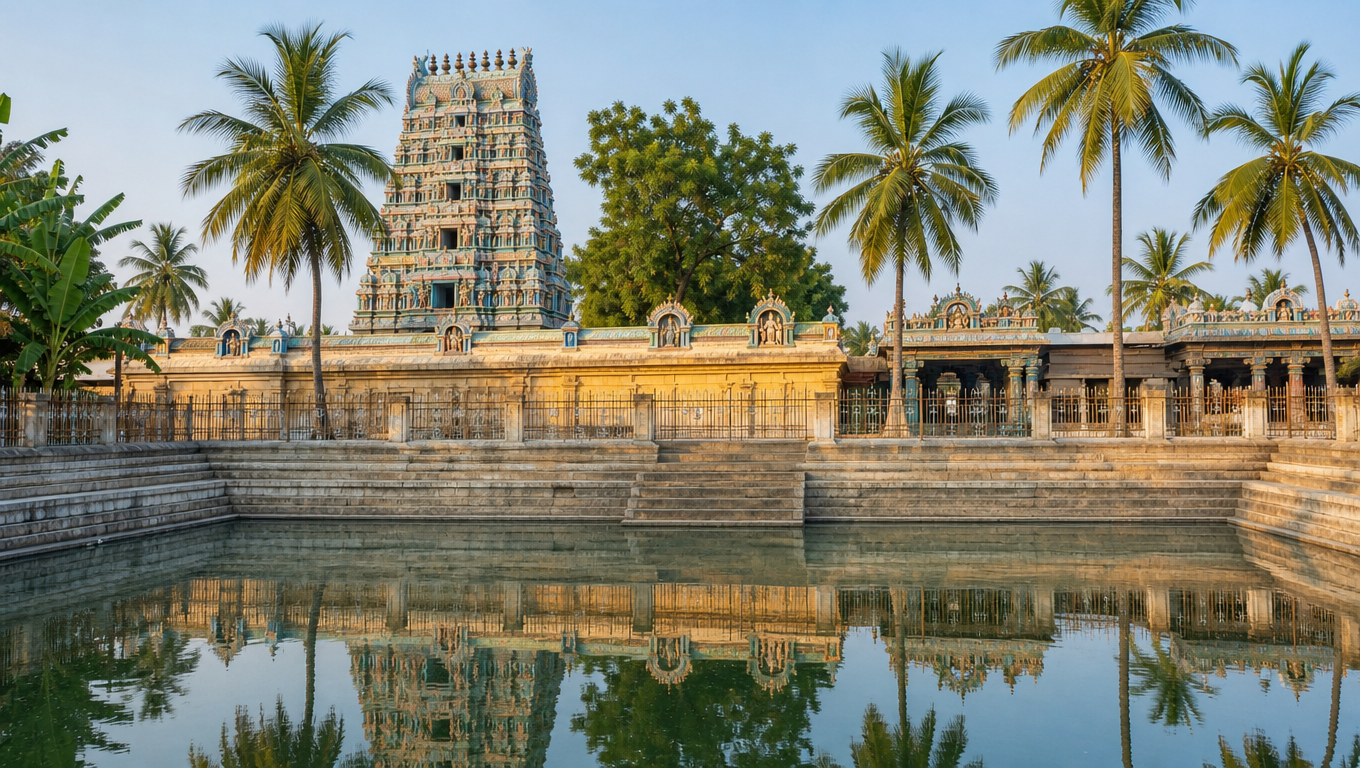 Kanipakam Vinayaka Temple in Andhra Pradesh, its painted gopuram beside a square stone-stepped tank.