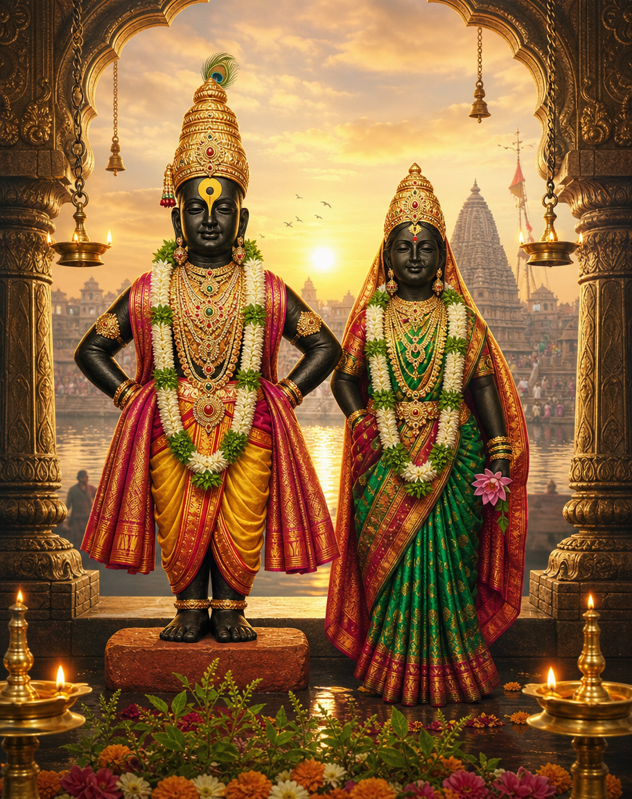 Devotional art of vitthal rukmini of pandharpur, lord vitthal standing with hands on hips on a brick beside rukmini, the pandharpur icons with tulsi garlands, a warm sanctum glow and the chandrabhaga river hinted behind.