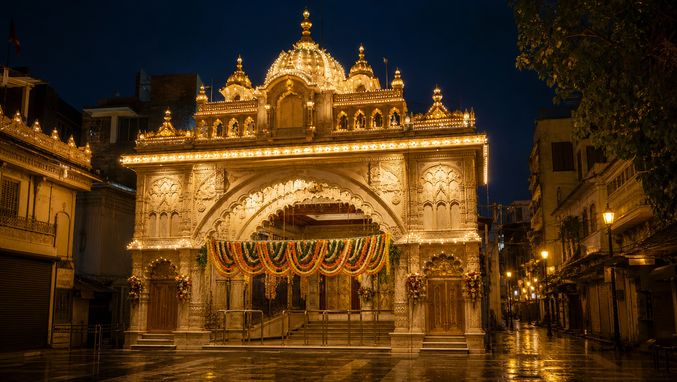 Dagdusheth Halwai Ganapati Temple in Pune at night, its white-and-gold facade outlined in festive lights.