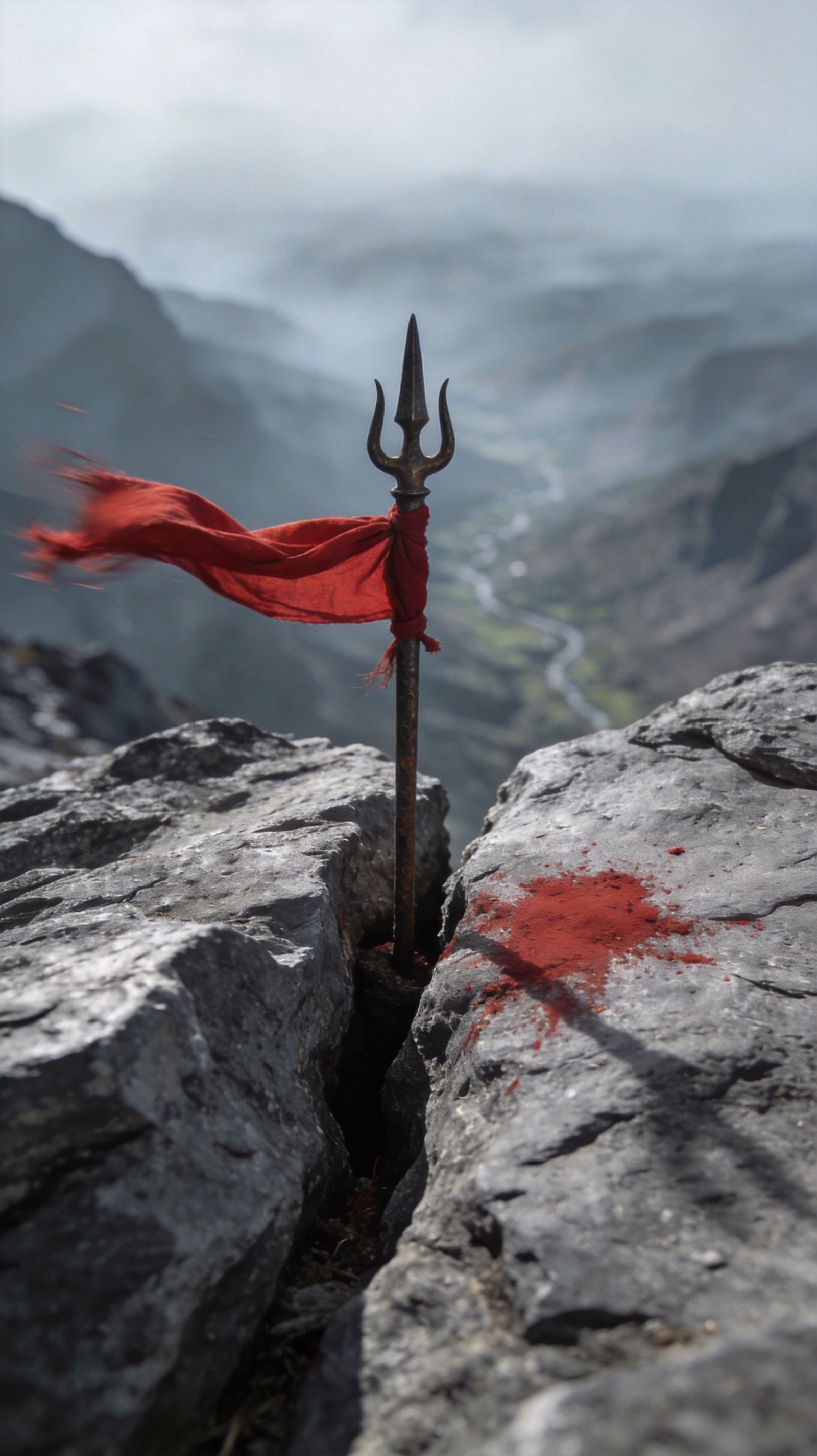 Small iron trident in mountain rock with a red cloth streaming in the wind above a hazy valley.