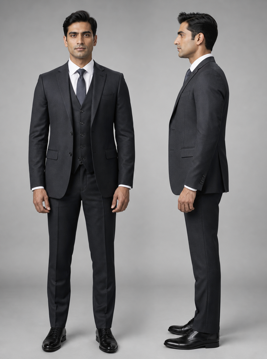 Photorealistic character reference sheet of Arjun Malhotra, an Indian man in a slim charcoal three-piece suit, front view and profile.