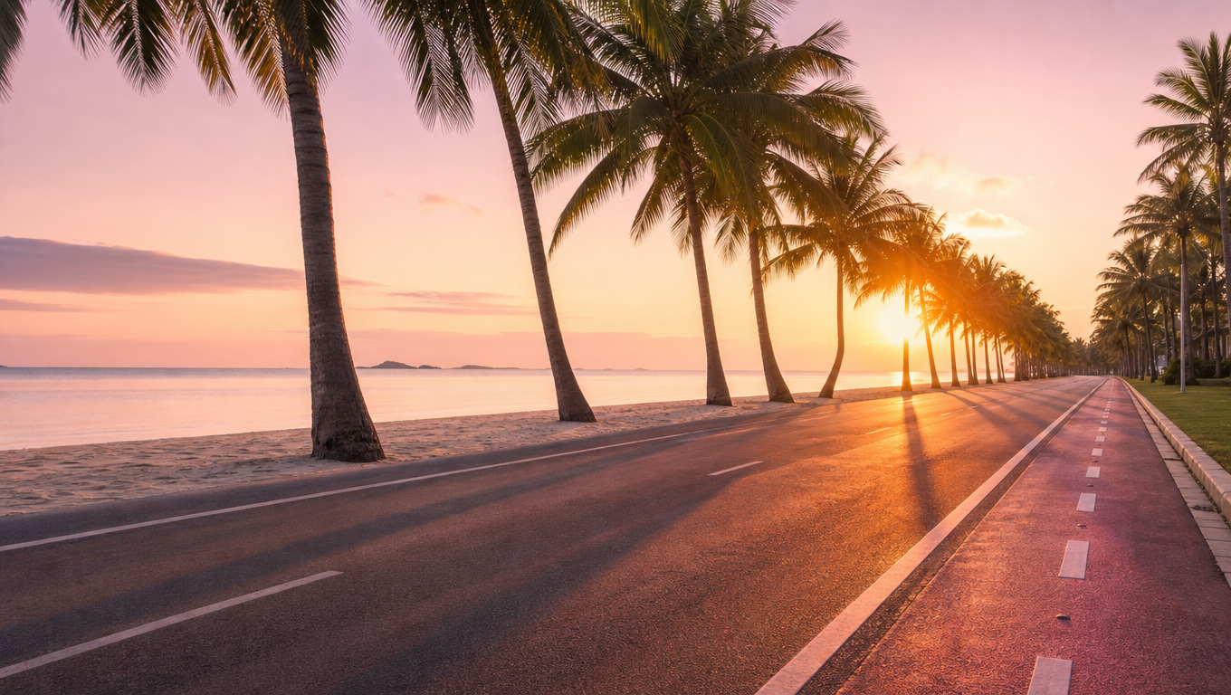 Empty beach road at sunrise lined with tall coconut palms casting long shadows across the tarmac.