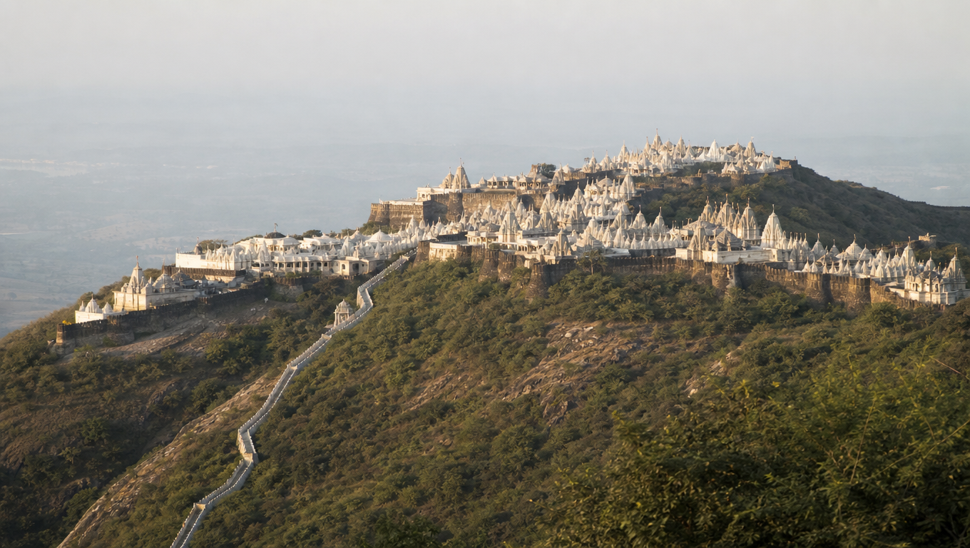 The Jain temple city on Shatrunjaya Hill at Palitana, hundreds of white marble spires along the ridges at dawn.